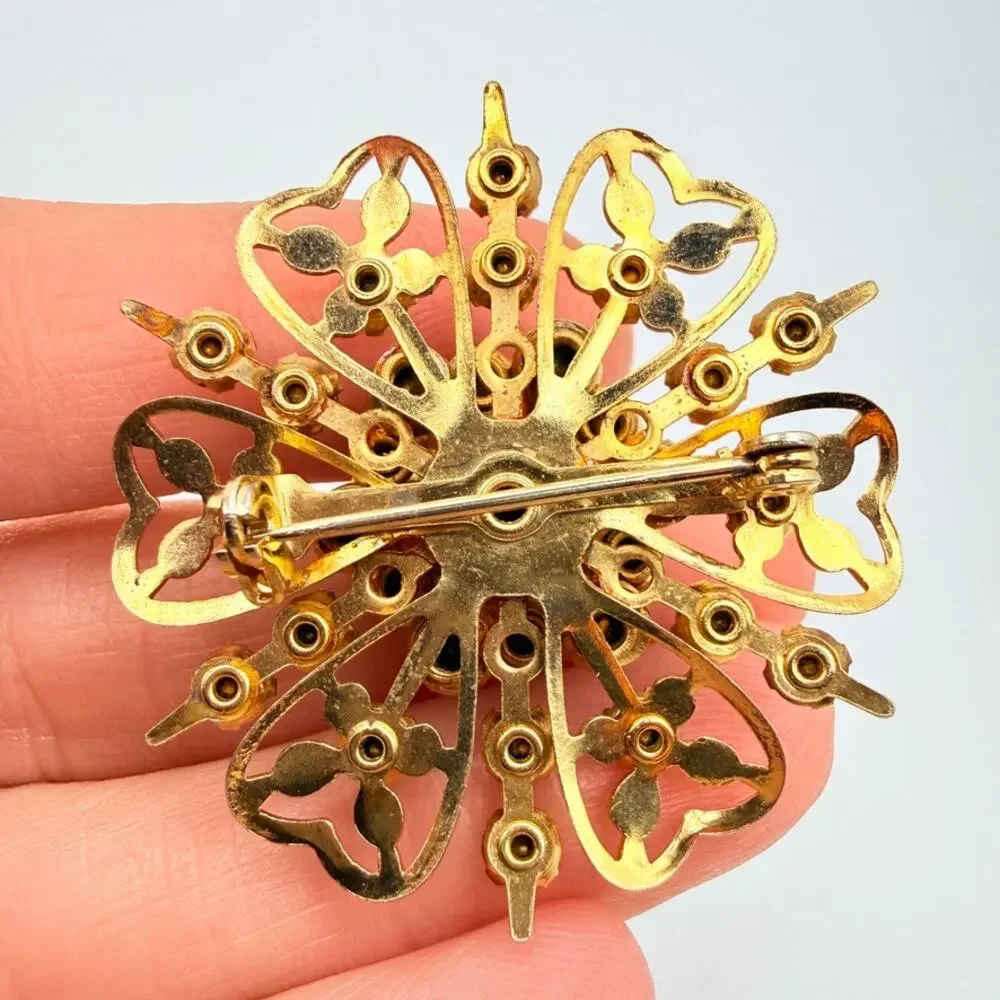 Vintage Pastel Rhinestone Flower Brooch Gold Tone Filigree Blue Pink Floral Pin